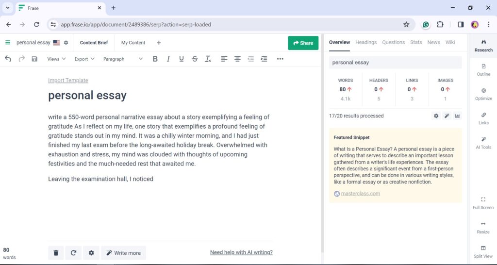 A screenshot of user interface at  Frase IO