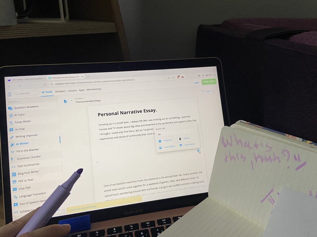 Una foto de nosotros intentando crear un ensayo con Classace.io