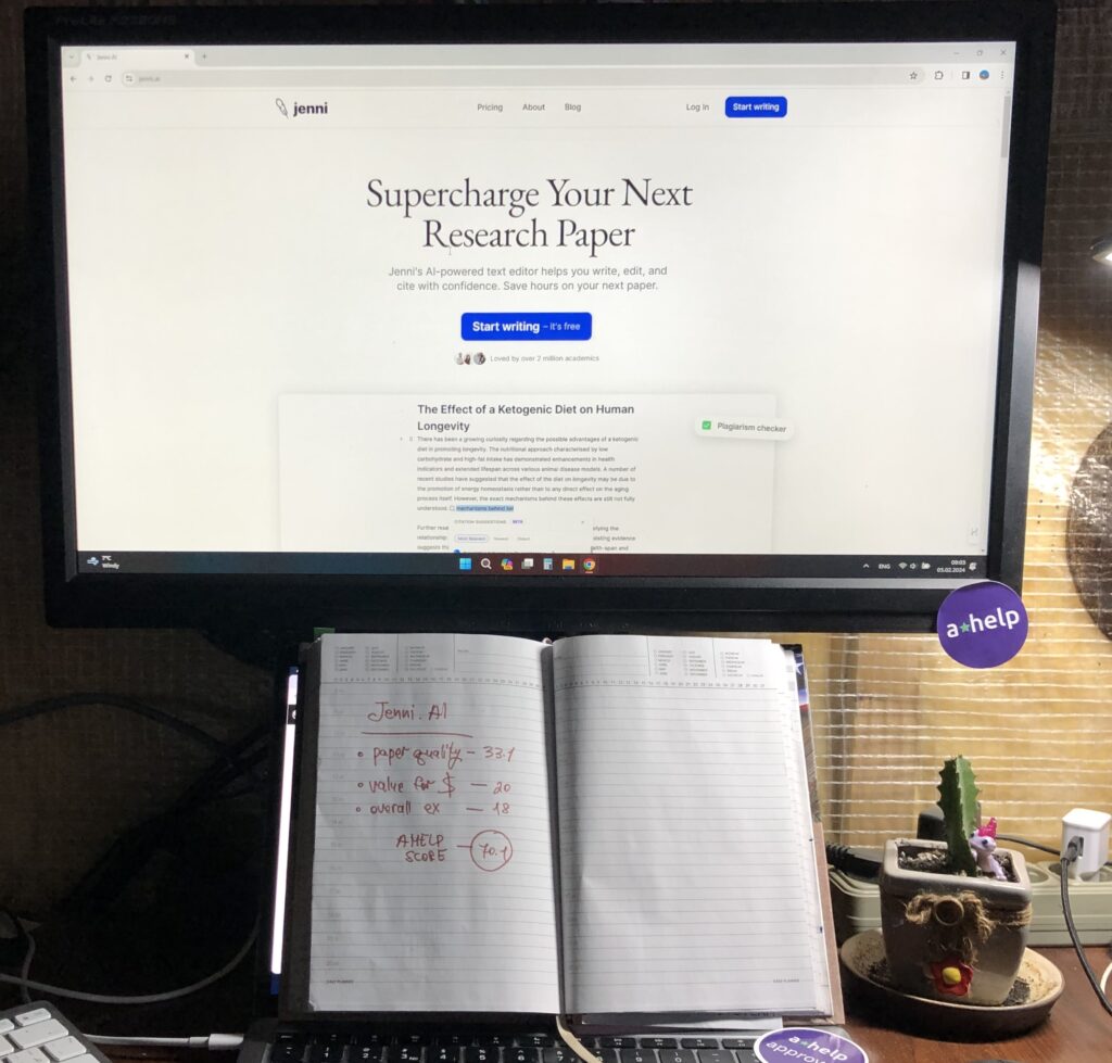 A photograph of Jenni AI's homepage 