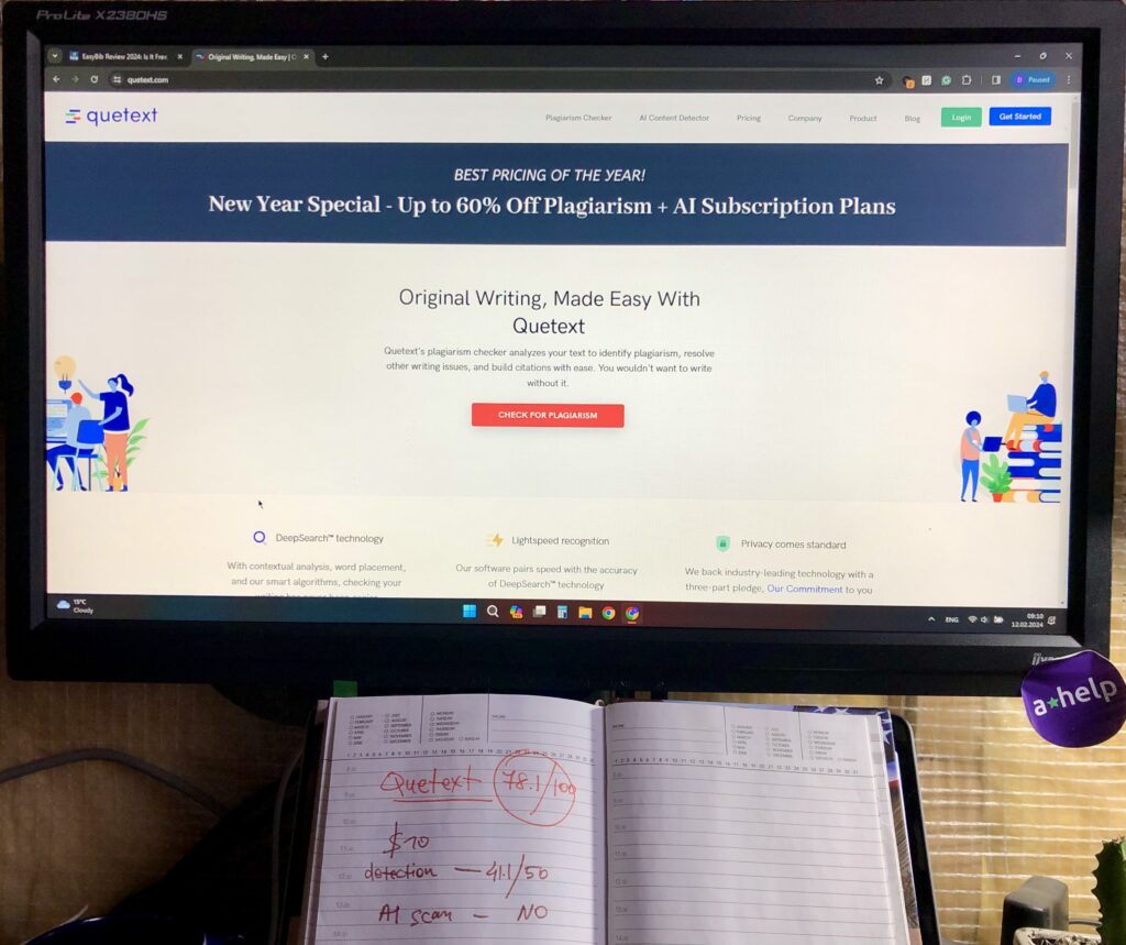A photograph of Quetext's homepage on the screen of a desktop
