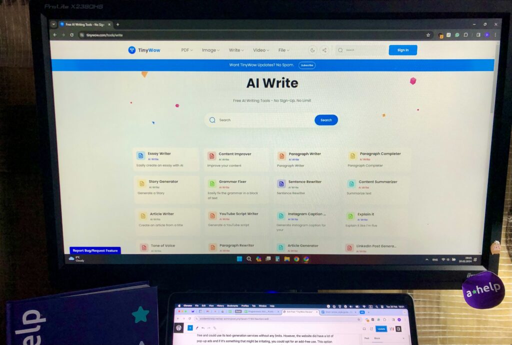 TinyWow's homepage on the screen of a desktop