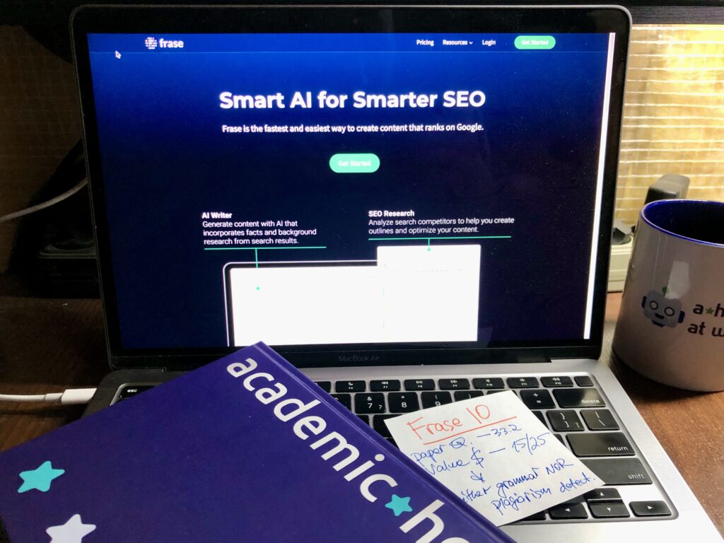 A photograph of Frase IO's user interface on a laptop