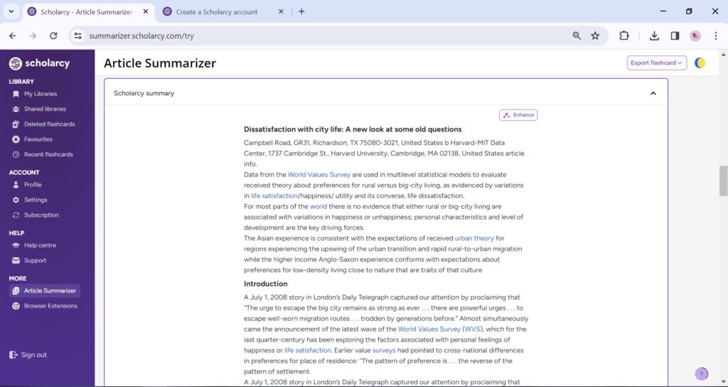 A screenshot of an Article Summarizer at Scholarcy