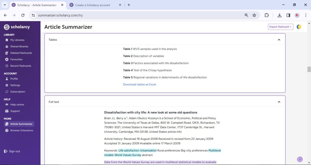 A screenshot of an Article Summarizer's options at Scholarcy.com