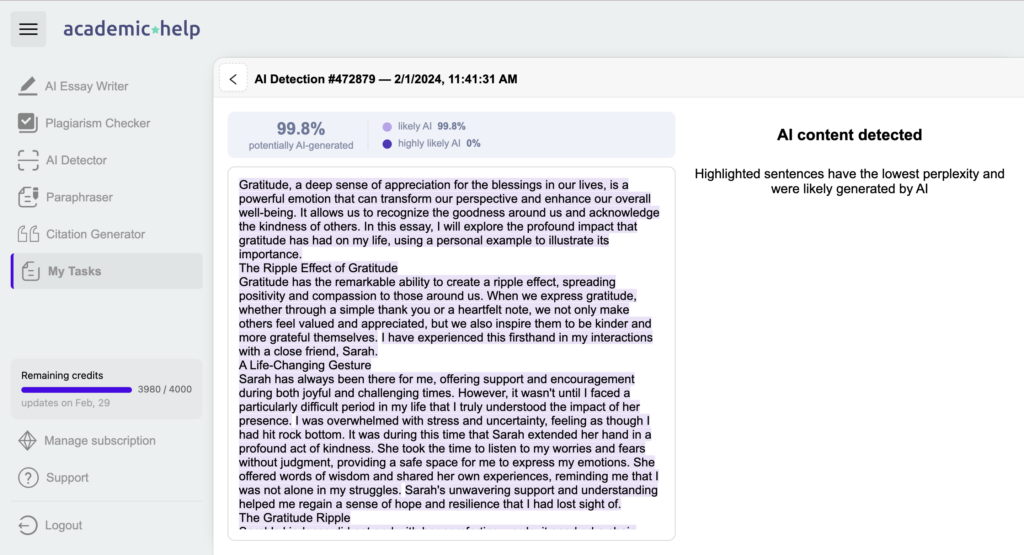 Detecting AI in PaperTyper's essay