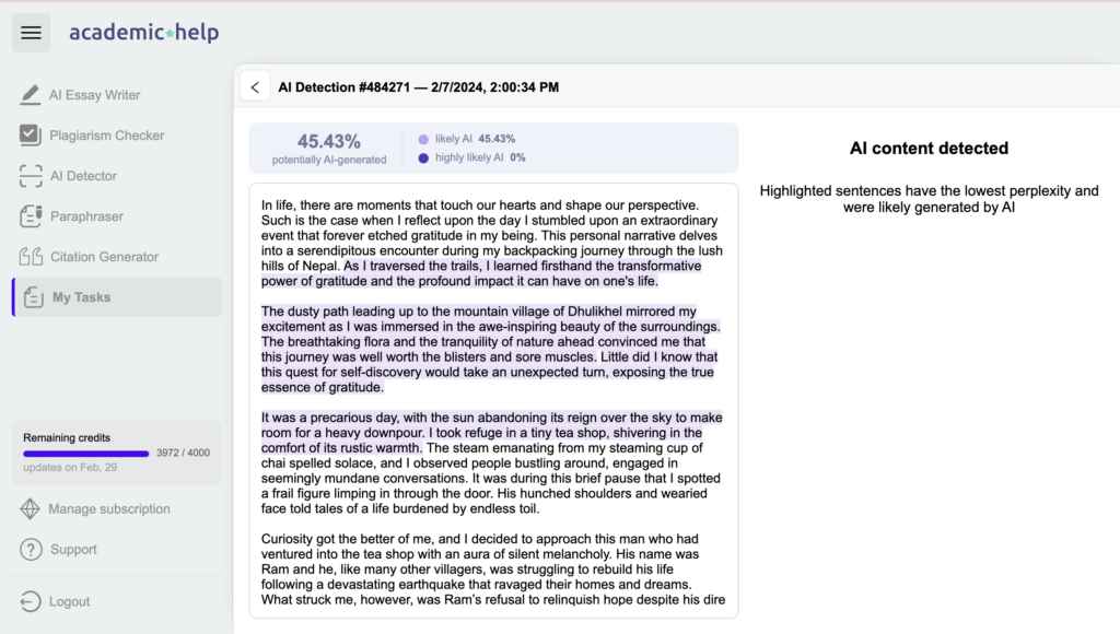 A screenshot of an example of AI detection in AI-generated essay at AcademicHelp