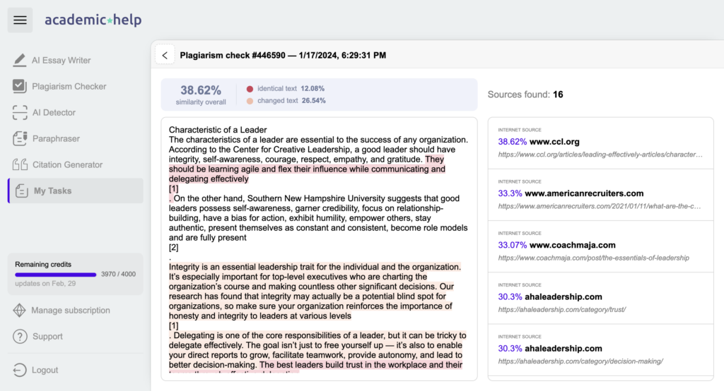 A screenshot of plagiarism detection on AI-generated content at Academic Help