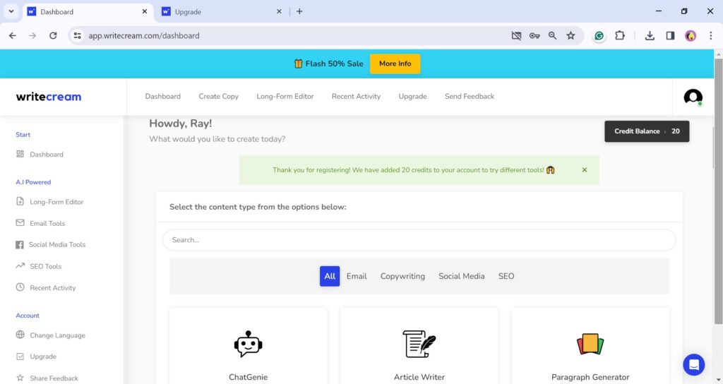 Writercream personal account