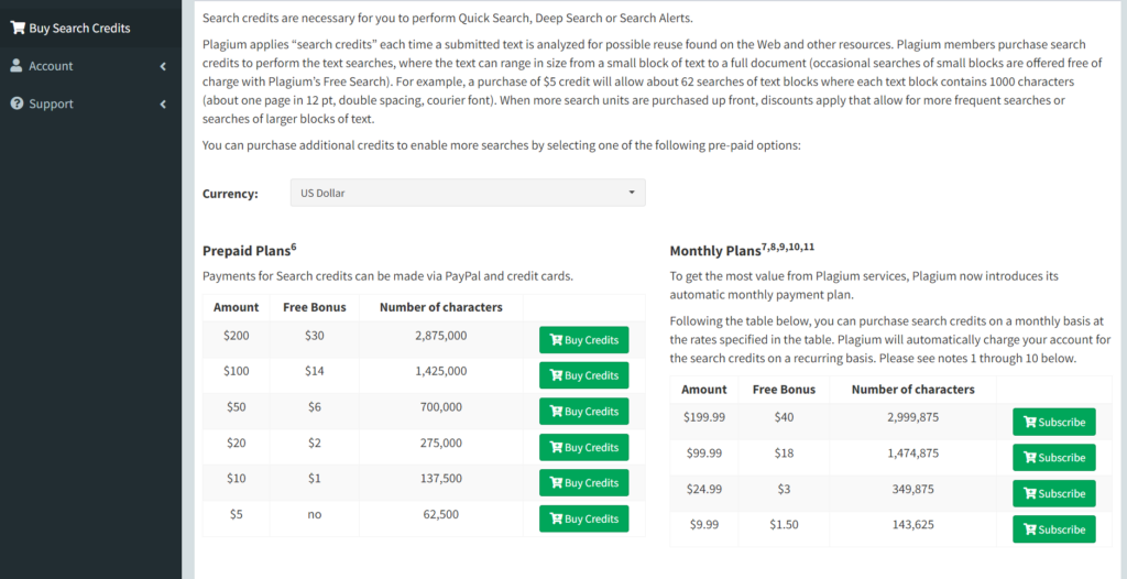 Buying credits at Plagium