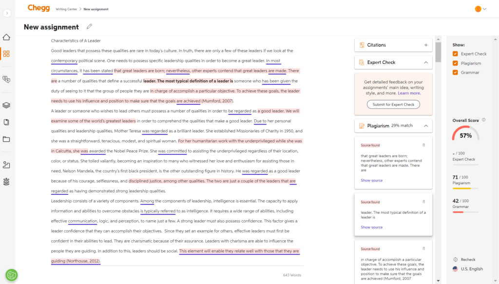 A screenshot of a plagiarism detection quality at Chegg.com