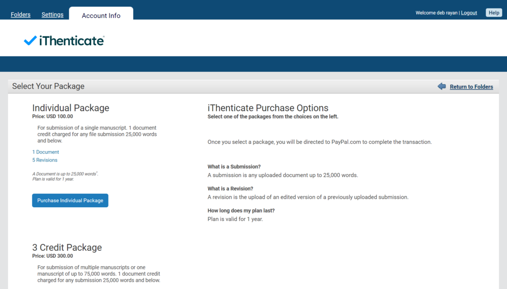A screenshot of purchase submission at iThenticat