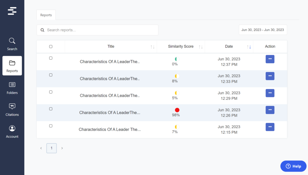 Plagiarism reports at Quetext 