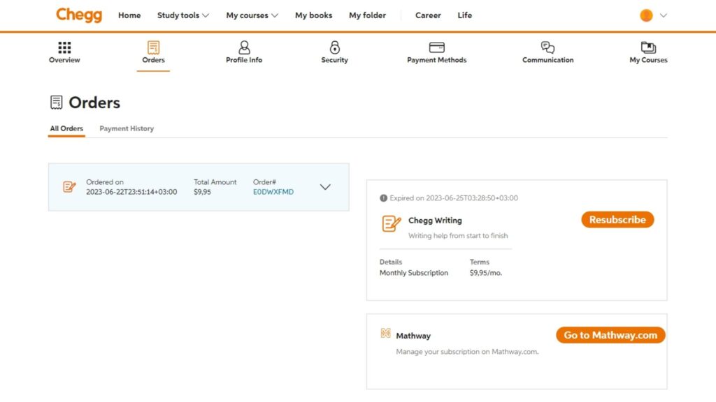 A screenshot of an order page at Chegg
