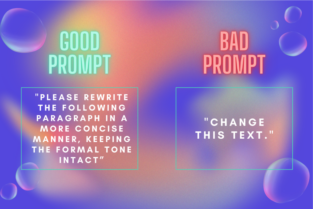 An image that shows the comparison between a good Chat GPT rewrite prompt and a bad one