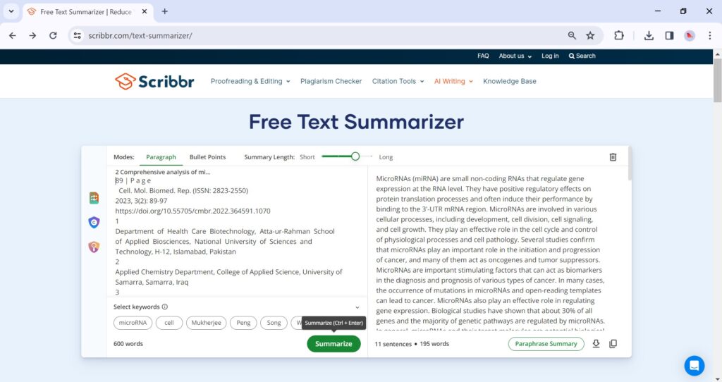 A screenshot of Summarizer's summary at Scribbr.com