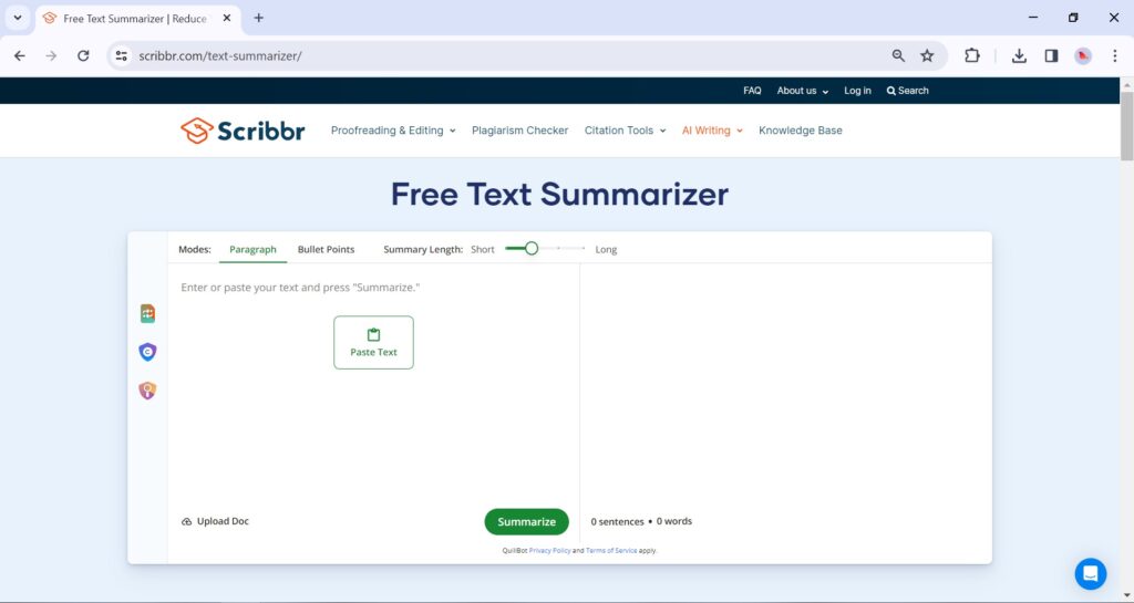 A screenshot of main Page at Scribbr Summarizer Tool