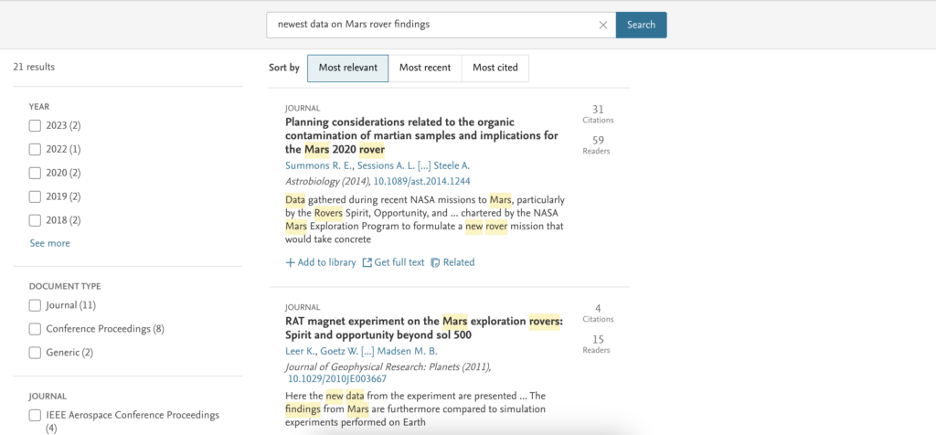 A screenshot featuring search reselts at Mendeley