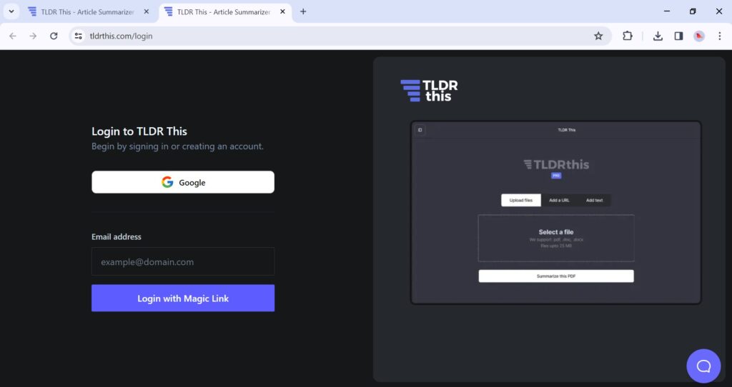 A screenshot of a log in page at TLDRThis
