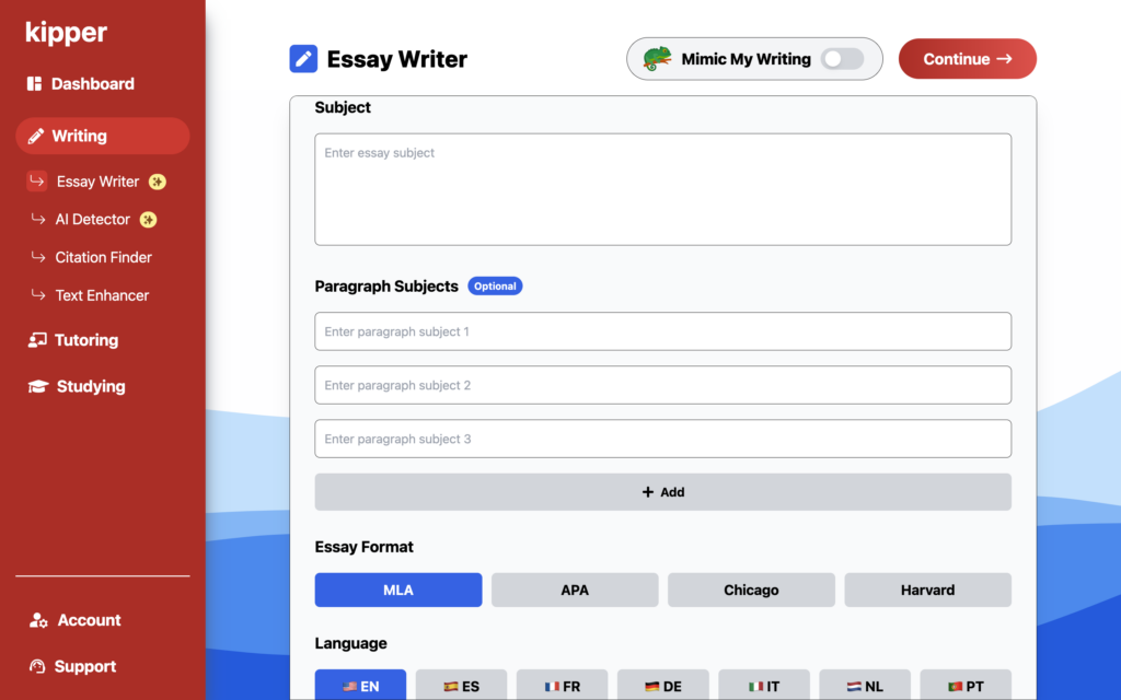 A screenshot of AI essay writer field at Kipper