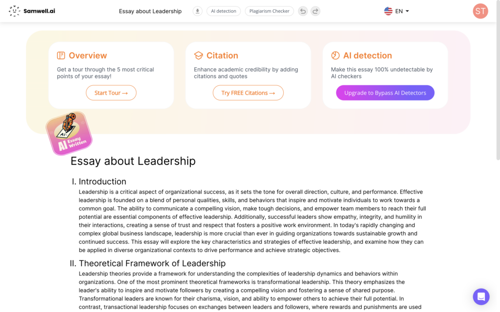 A screenshot of essay creation at Samwell.ai