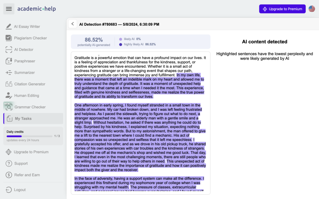 A screenshot of AI detection results from Samwell's essay