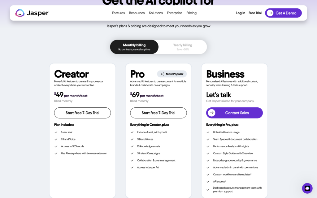 A screenshot of pricing plans at Jasper AI