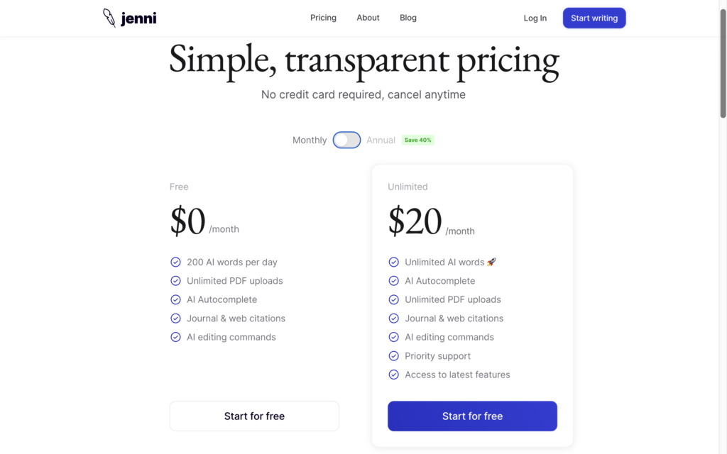A screenshot of pricing options at Jenni.ai