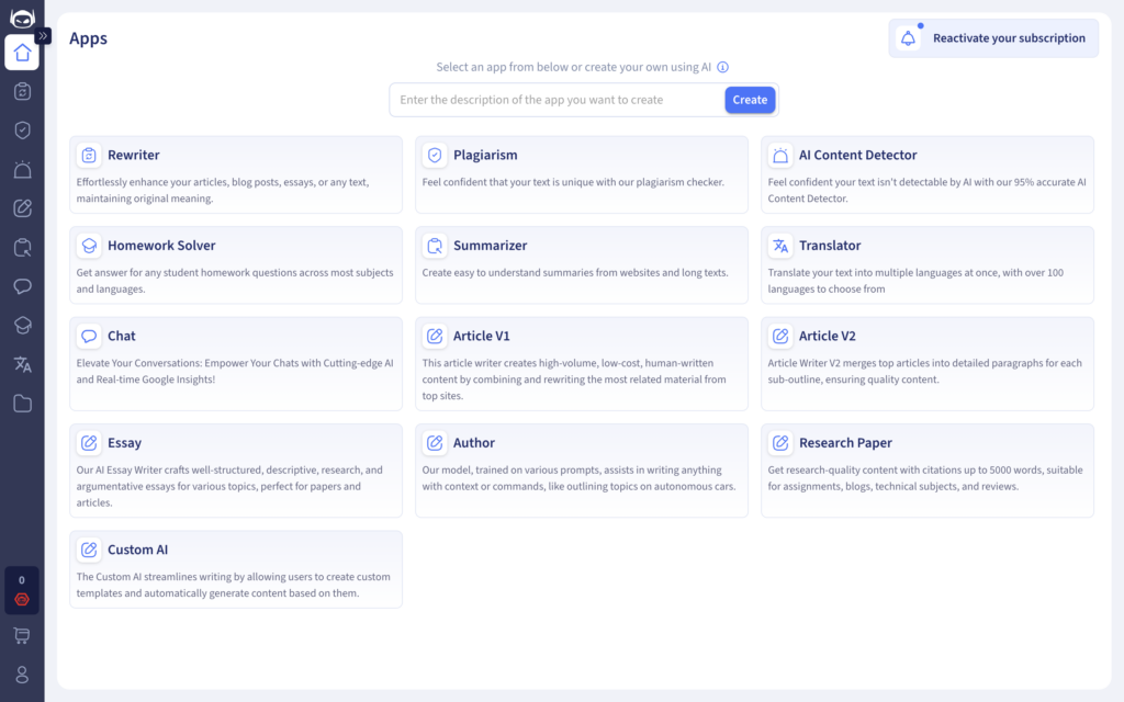 A screenshot of account dashboard at Smodin.io