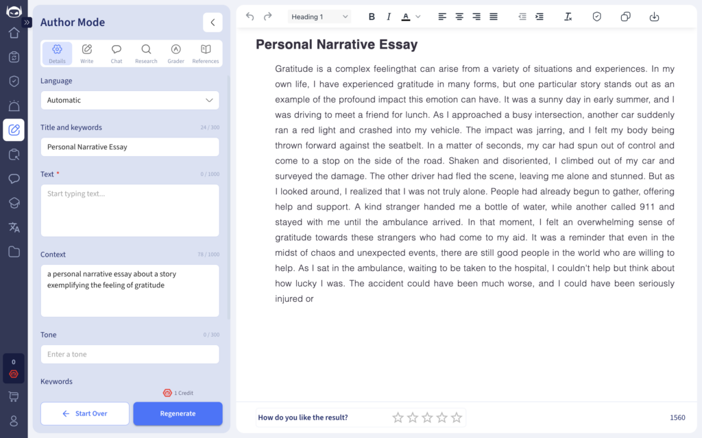 Captura de pantalla de la generación de texto en Smodin.io
