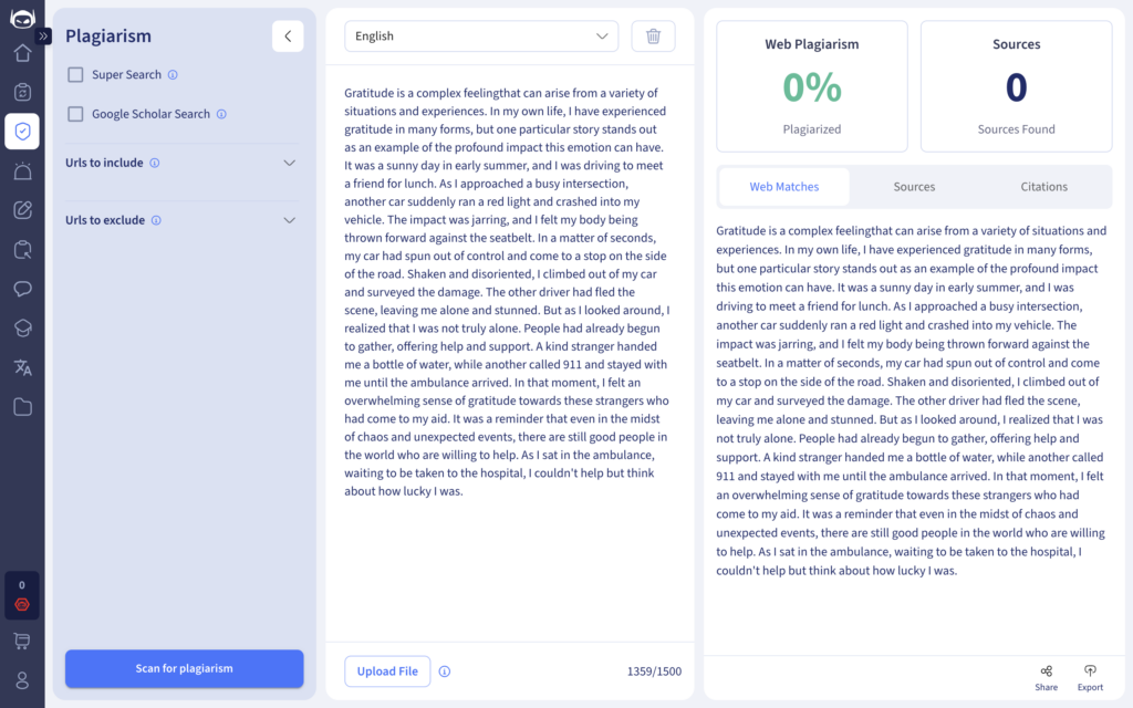 A screenshot of plagcheck at Smodin.io
