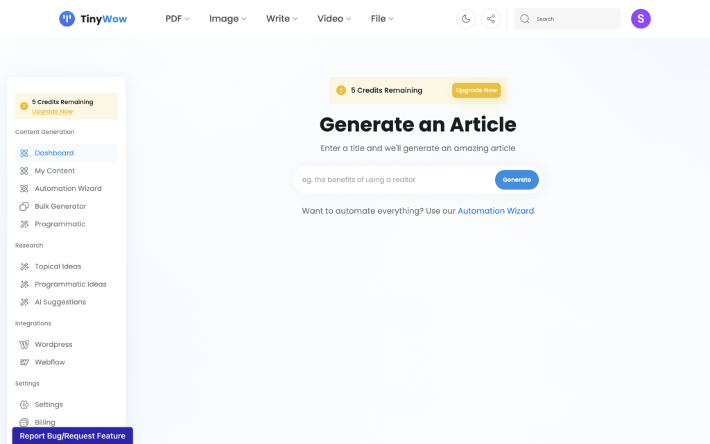 A screenshot of dashboard at TinyWow