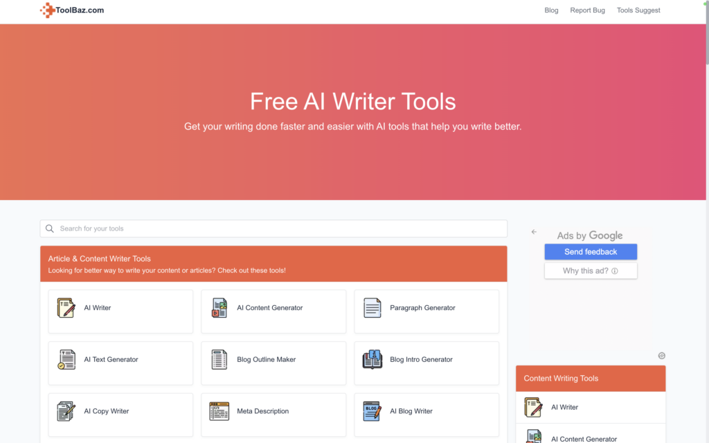 A screenshot of main page at Toolbaz