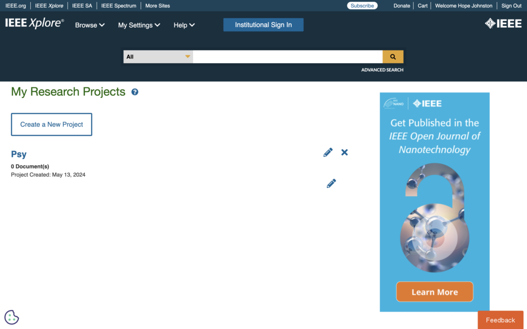 Screenshot of "My Research Projects" page at IEEEXplore (click to see a large image)