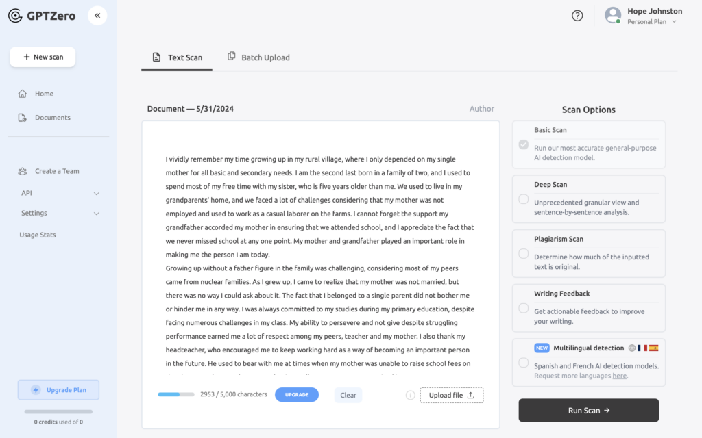 Text scan window at GPTZero