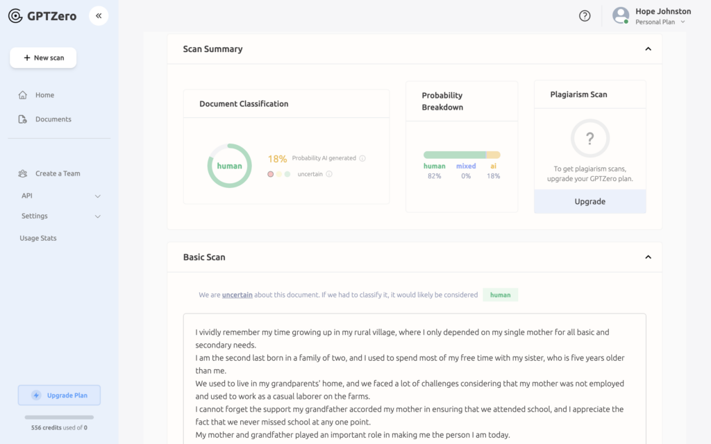 A screenshot of detection results at GPTZero.me