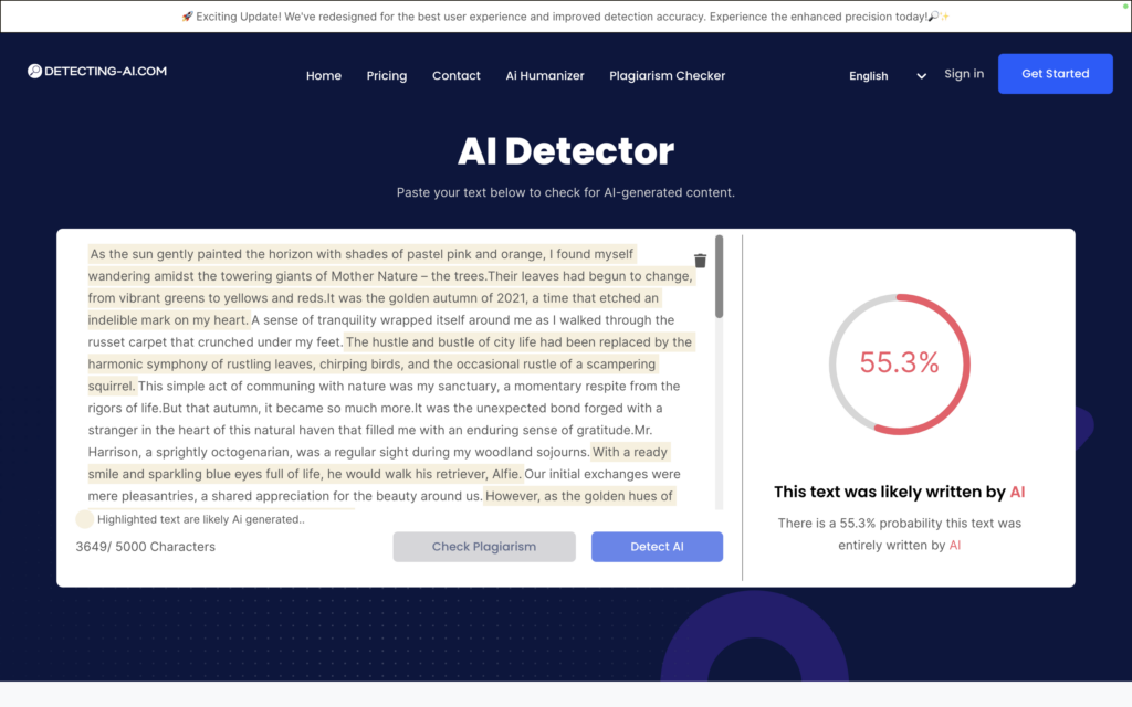A screenshot of scanning results at Detecting-AI