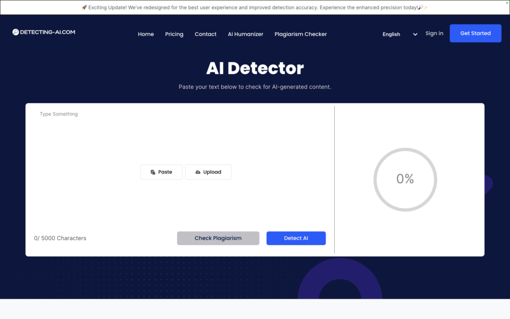 A screenshot of homepage at Detecting-AI