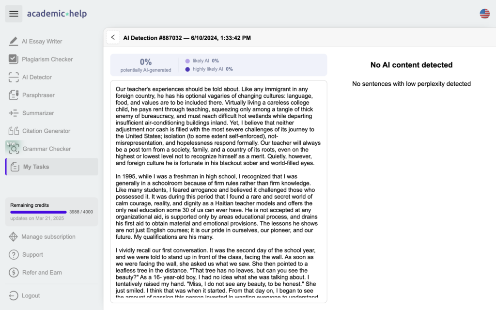 A screenshot of Aithor's essay AI detection 
