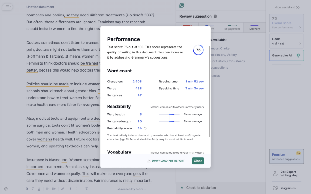 A screenshot of Bad essay analysis from Grammarly's Essay Checker