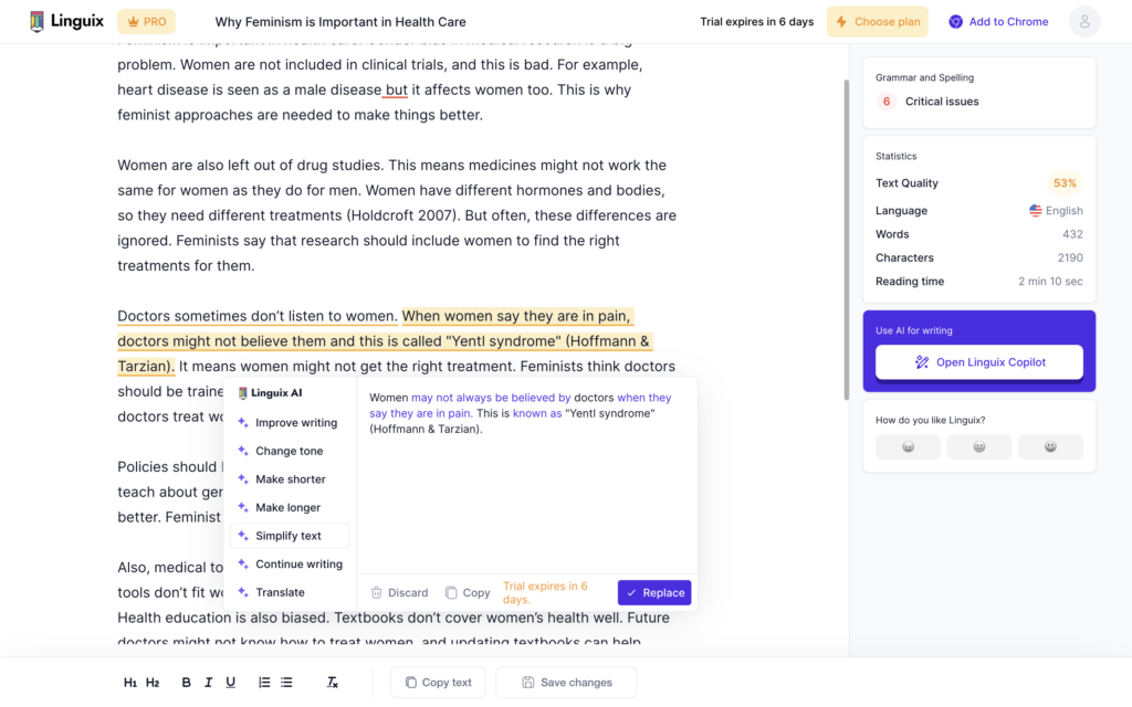 Working with the text on Linguix