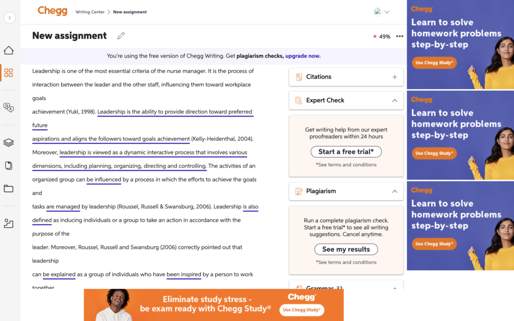 A screenshot of a working area at Chegg.com