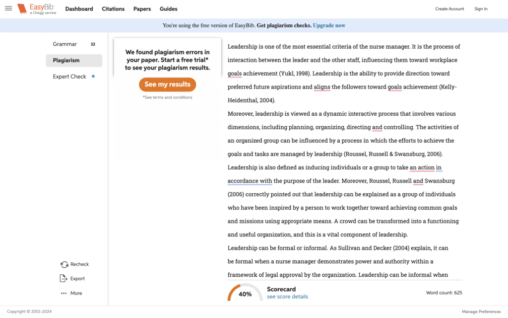 A screenshot of a scaning process Easy Bib PlagirismChecker
