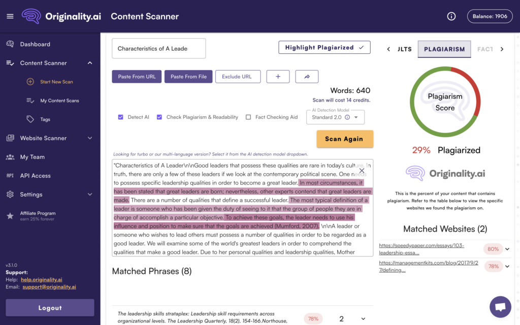 A screenshot of checking for plagiarism at Originilaty.ai