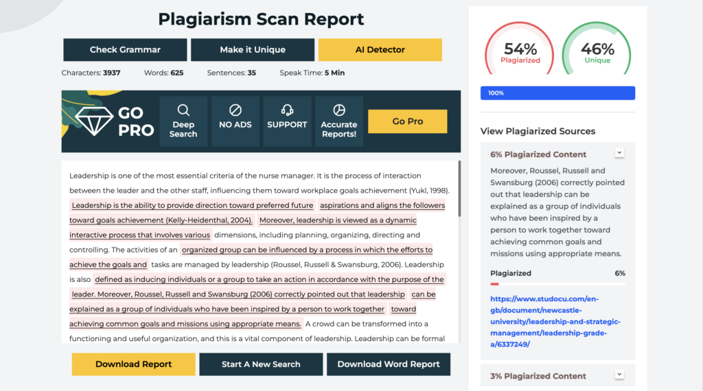 A screenshot of a detection results at PlagiarismDetector