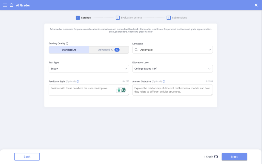 A screenshot of the Grading Form at Smodin AI Grader 