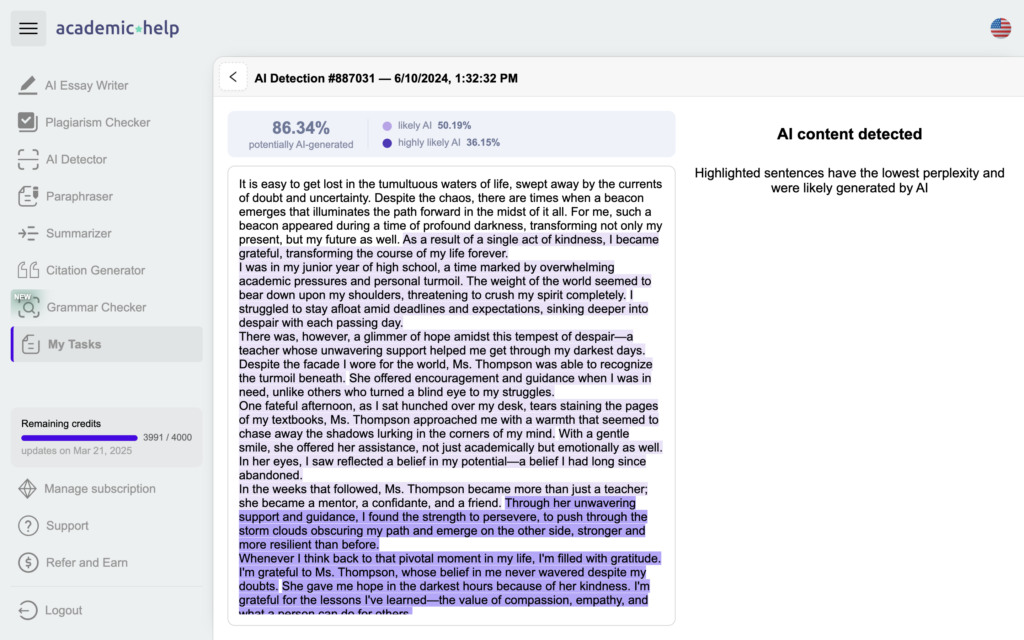 A screenshot with AI detection results, after checking Wordtune's text 