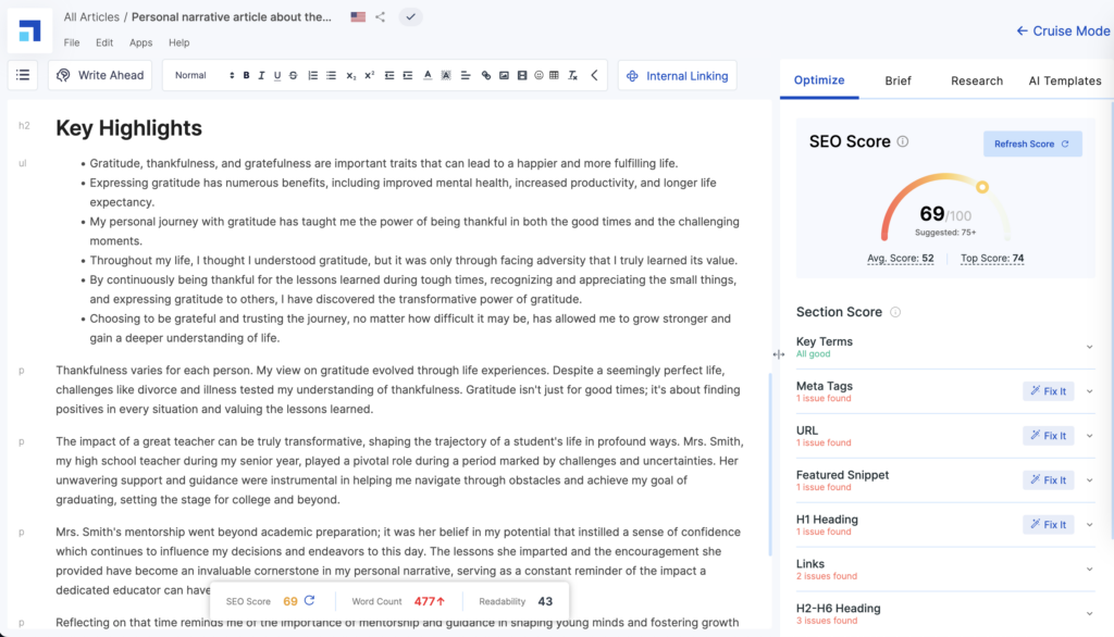 A screenshot of Scalenut's essay editor