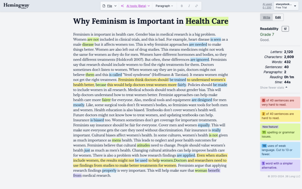 Poorly-written essay's assessment from Hemingway