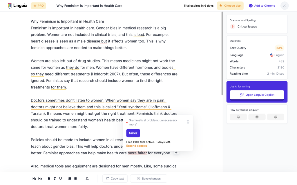 Poorly-written essay's assessment from Linguix