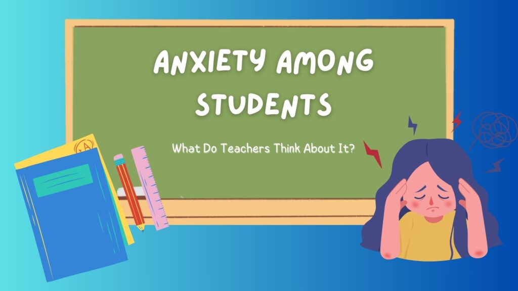 anxiuos student, notebook with pens and class board